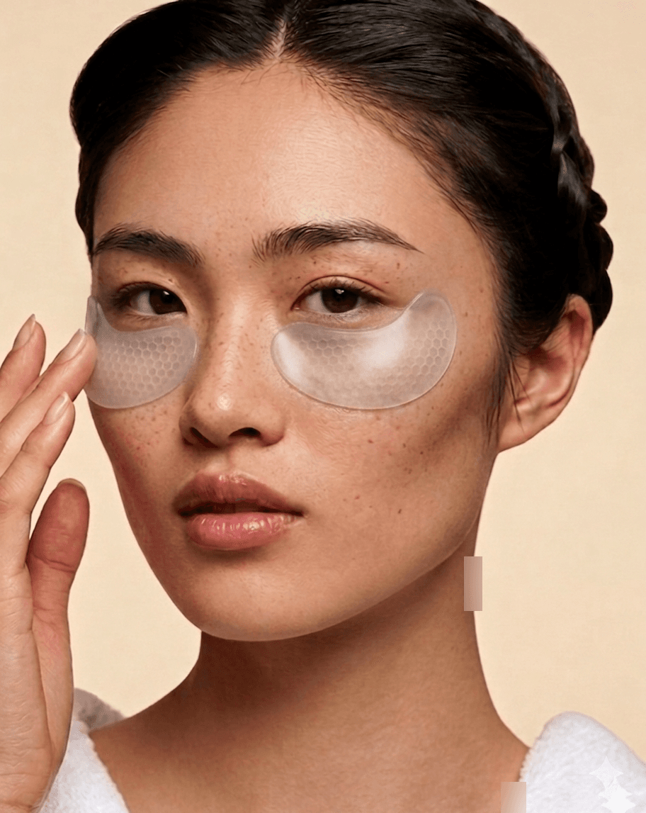 A model wearing a pair of Identité patches under her eyes, resting her hand against her cheek