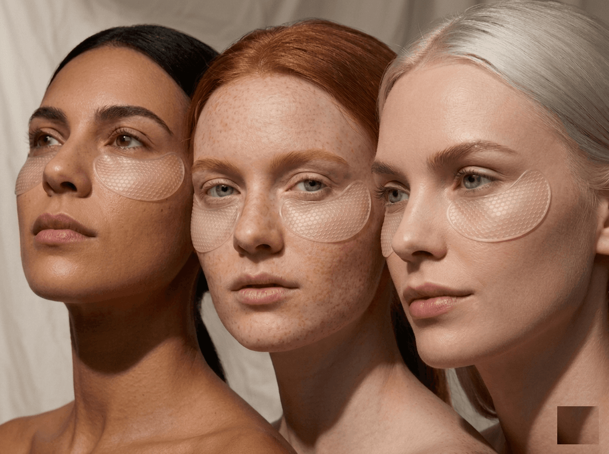 Three women, each wearing a pair of Identité patches under their eyes